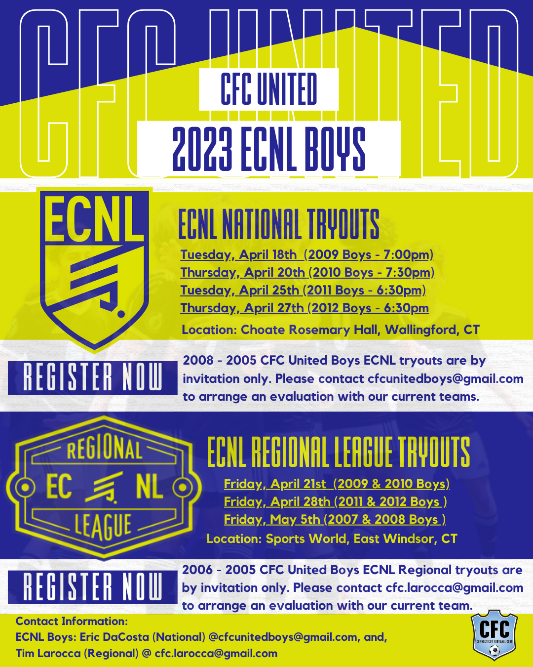 CFC United Elite Boys ECNL Tryouts Connecticut Football Club